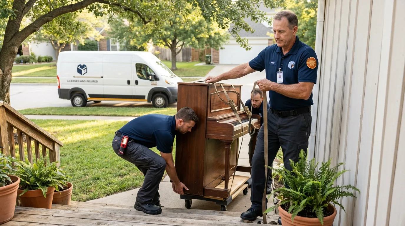 Licensed piano movers securing grand piano in Ferndale, CA